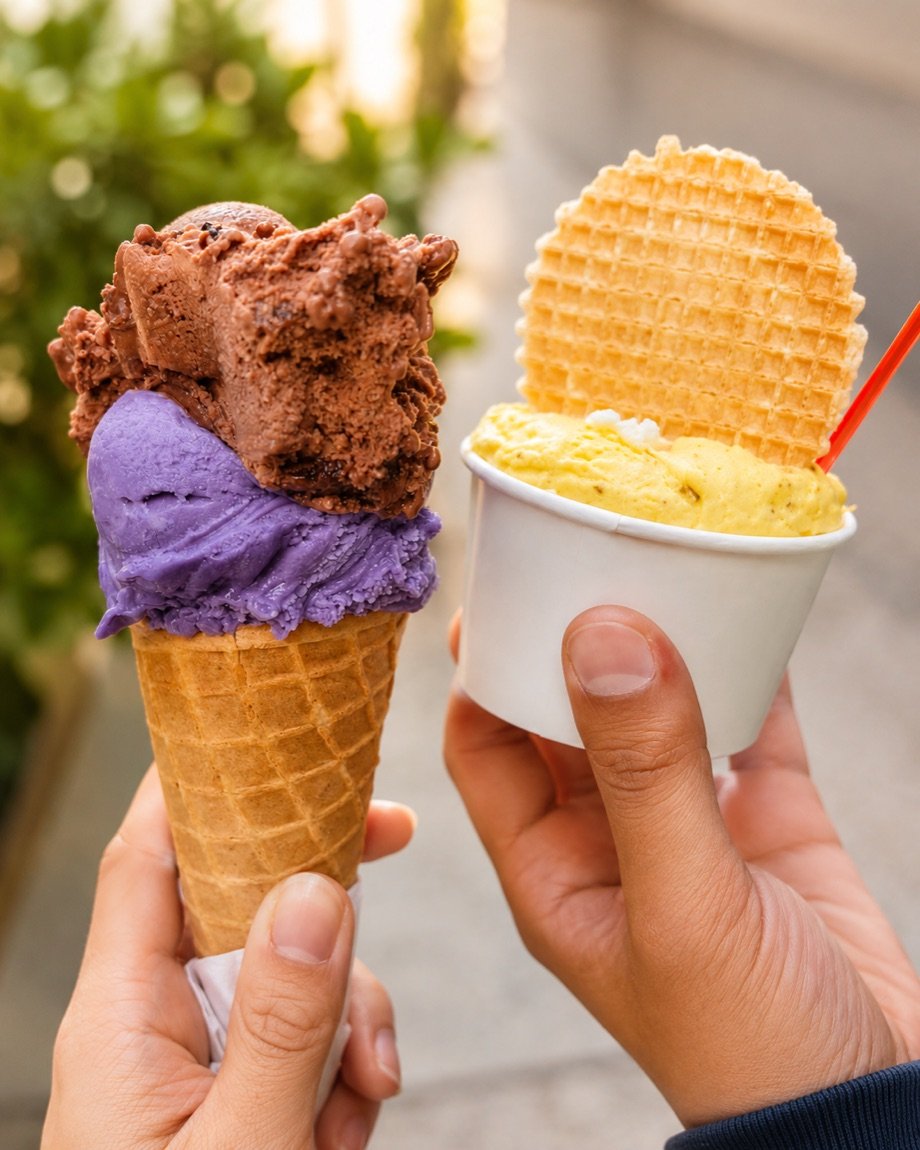 Zwei Eiswaffeln to go mit Schokolade, Beere und Mango