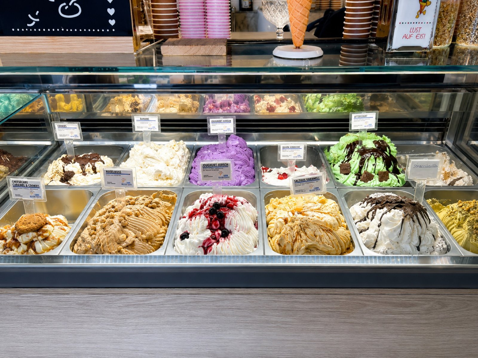 Gefüllte Eisvitrine bei Lumia mit vielen Gelato-Sorten